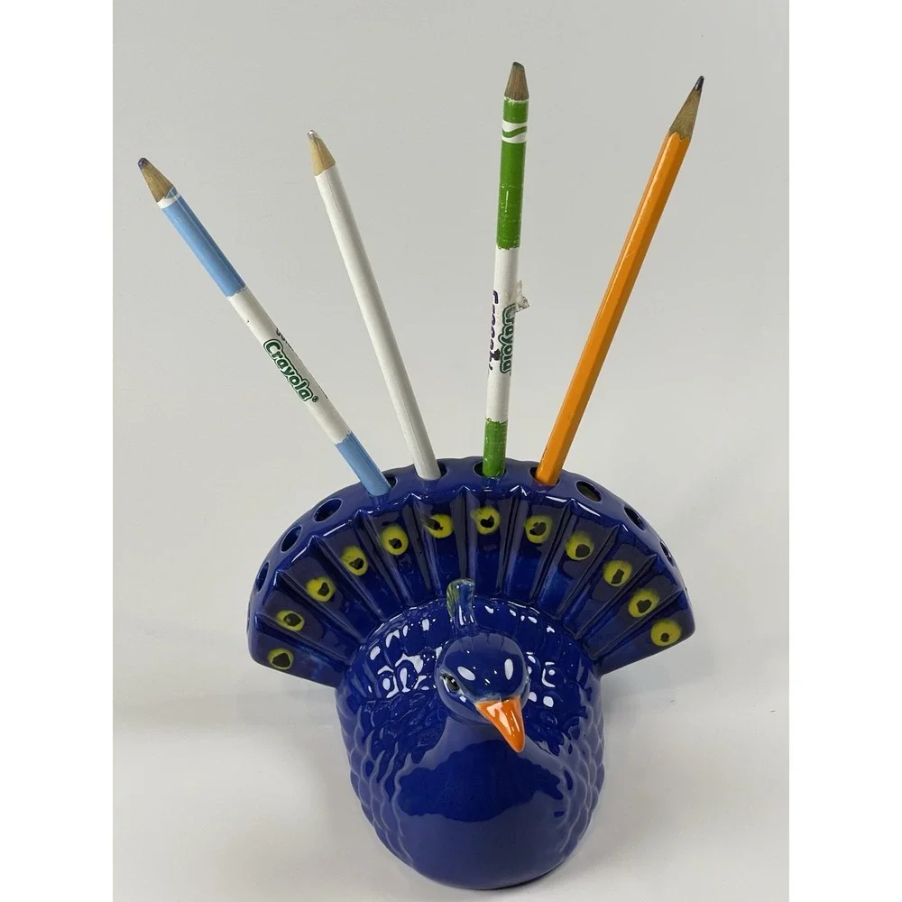 Ceramic‎ Pottery Blue Peacock Pencil Holder ~Color Me Mine~